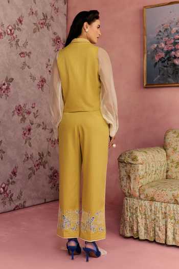 Shop_Surabhi Arya_Yellow Cotton, Twill Collared Neck Patch Work Waistcoat And Pant Set _at_Aza_Fashions