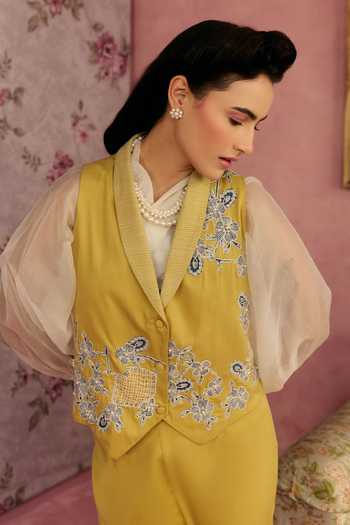 Surabhi Arya_Yellow Cotton, Twill Collared Neck Patch Work Waistcoat And Pant Set _Online_at_Aza_Fashions
