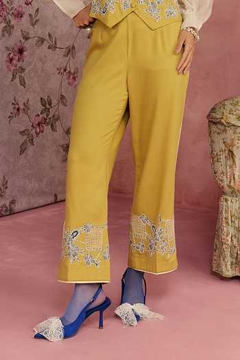 Buy_Surabhi Arya_Yellow Cotton, Twill Collared Neck Patch Work Waistcoat And Pant Set _Online_at_Aza_Fashions