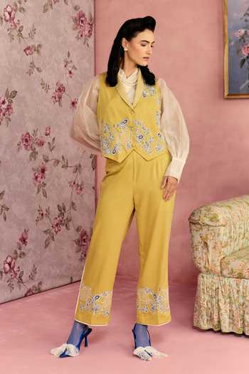 Shop_Surabhi Arya_Yellow Cotton, Twill Collared Neck Patch Work Waistcoat And Pant Set _Online_at_Aza_Fashions