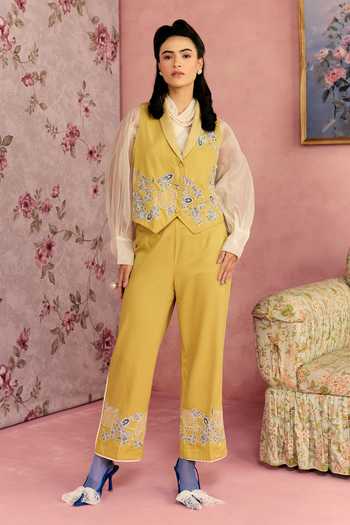 Surabhi Arya_Yellow Cotton, Twill Collared Neck Patch Work Waistcoat And Pant Set _at_Aza_Fashions