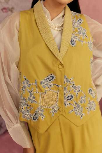 Buy_Surabhi Arya_Yellow Cotton, Twill Collared Neck Patch Work Waistcoat And Pant Set 