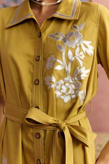 Surabhi Arya_Yellow Cotton, Twill Collared Neck Leather Patchwork Dress _Online_at_Aza_Fashions