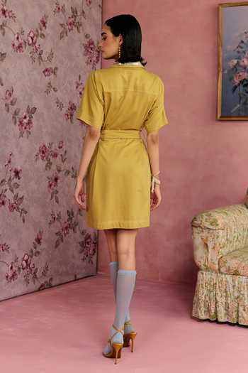 Shop_Surabhi Arya_Yellow Cotton, Twill Collared Neck Leather Patchwork Dress _at_Aza_Fashions