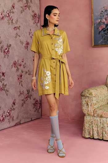 Buy_Surabhi Arya_Yellow Cotton, Twill Collared Neck Leather Patchwork Dress _Online_at_Aza_Fashions