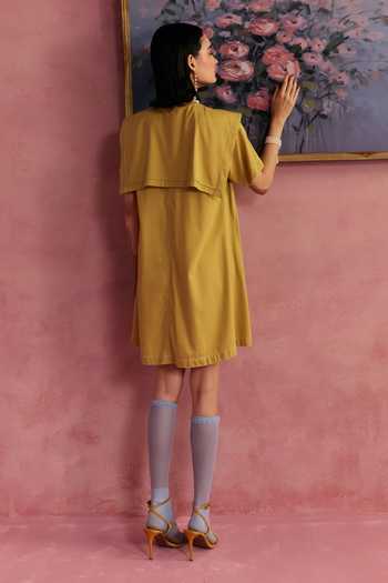 Shop_Surabhi Arya_Yellow Cotton, Twill V-, Collared Leather Patchwork Dress _at_Aza_Fashions