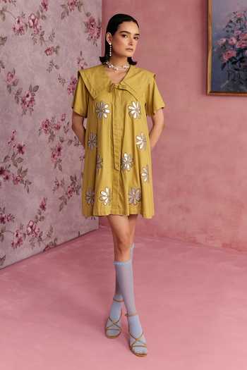 Surabhi Arya_Yellow Cotton, Twill V-, Collared Leather Patchwork Dress _Online_at_Aza_Fashions