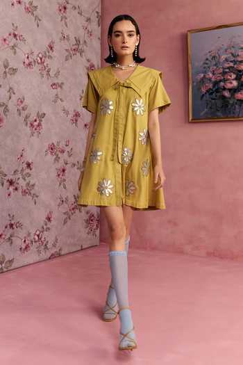 Buy_Surabhi Arya_Yellow Cotton, Twill V-, Collared Leather Patchwork Dress _Online_at_Aza_Fashions