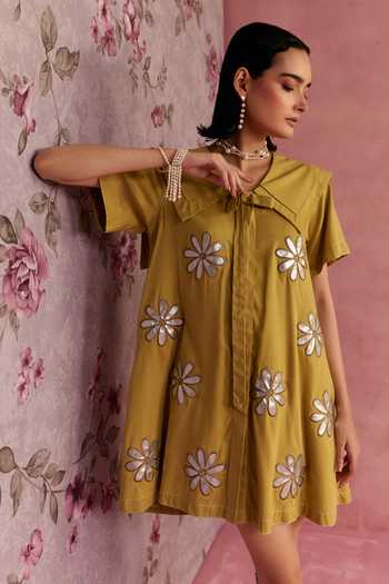 Shop_Surabhi Arya_Yellow Cotton, Twill V-, Collared Leather Patchwork Dress _Online_at_Aza_Fashions