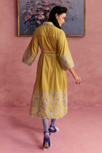 Shop_Surabhi Arya_Yellow Cotton, Twill Collared Neck Applique Dress And Belt Set _at_Aza_Fashions