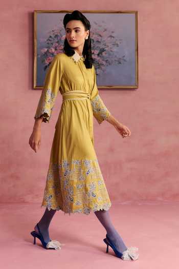 Surabhi Arya_Yellow Cotton, Twill Collared Neck Applique Dress And Belt Set _Online_at_Aza_Fashions