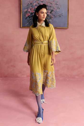 Buy_Surabhi Arya_Yellow Cotton, Twill Collared Neck Applique Dress And Belt Set _Online_at_Aza_Fashions