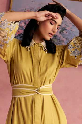 Shop_Surabhi Arya_Yellow Cotton, Twill Collared Neck Applique Dress And Belt Set _Online_at_Aza_Fashions