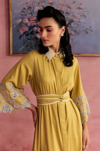 Surabhi Arya_Yellow Cotton, Twill Collared Neck Applique Dress And Belt Set _at_Aza_Fashions
