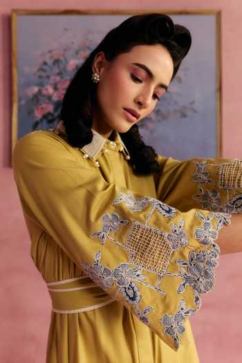 Buy_Surabhi Arya_Yellow Cotton, Twill Collared Neck Applique Dress And Belt Set 