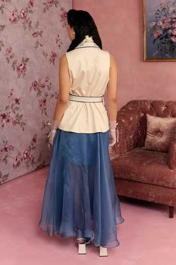 Shop_Surabhi Arya_Blue Cotton, Organza V-neck Floral Pattern Top And Skirt Set _at_Aza_Fashions