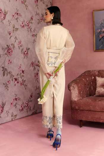 Shop_Surabhi Arya_Ivory Cotton, Twill Collared Neck Applique Embroidered Shirt And Pant Set _at_Aza_Fashions