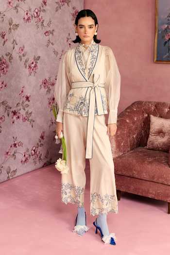 Buy_Surabhi Arya_Ivory Cotton, Twill Collared Neck Applique Embroidered Shirt And Pant Set _at_Aza_Fashions