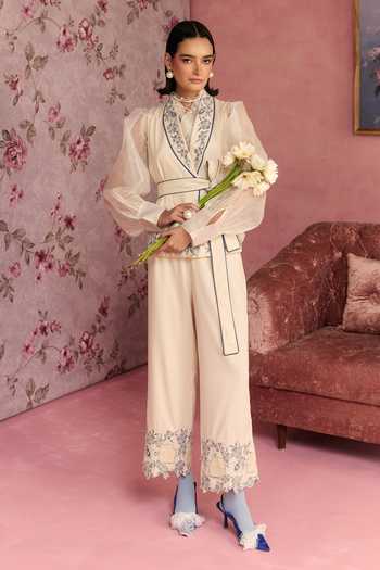 Shop_Surabhi Arya_Ivory Cotton, Twill Collared Neck Applique Embroidered Shirt And Pant Set _Online_at_Aza_Fashions