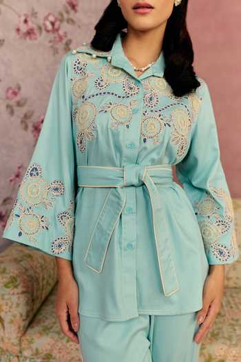 Surabhi Arya_Aqua Cotton, Twill Collared Neck Applique Patchwork Shirt Pant Set _Online_at_Aza_Fashions