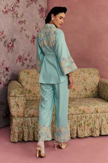 Shop_Surabhi Arya_Aqua Cotton, Twill Collared Neck Applique Patchwork Shirt Pant Set _at_Aza_Fashions