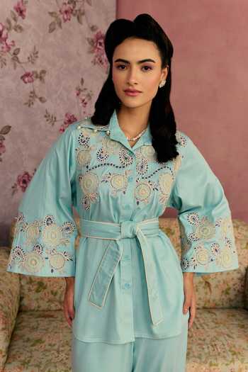 Buy_Surabhi Arya_Aqua Cotton, Twill Collared Neck Applique Patchwork Shirt Pant Set _Online_at_Aza_Fashions