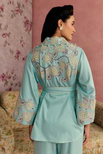 Shop_Surabhi Arya_Aqua Cotton, Twill Collared Neck Applique Patchwork Shirt Pant Set _Online_at_Aza_Fashions