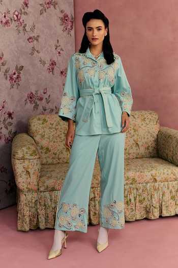 Surabhi Arya_Aqua Cotton, Twill Collared Neck Applique Patchwork Shirt Pant Set _at_Aza_Fashions