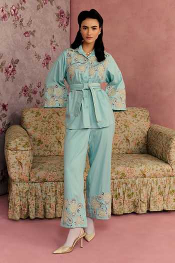 Buy_Surabhi Arya_Aqua Cotton, Twill Collared Neck Applique Patchwork Shirt Pant Set _at_Aza_Fashions