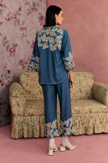 Surabhi Arya_Blue Cotton, Twill Collared Neck Bloom Embroidered Shirt And Pant Set _Online_at_Aza_Fashions
