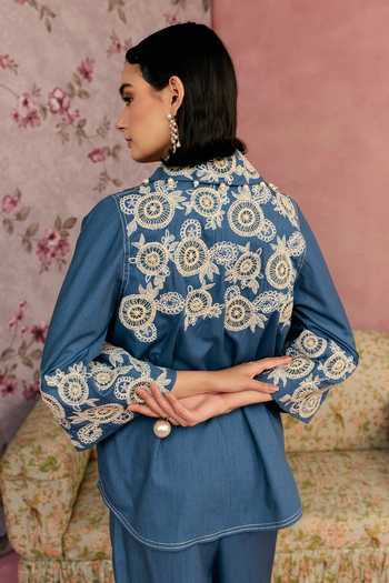 Shop_Surabhi Arya_Blue Cotton, Twill Collared Neck Bloom Embroidered Shirt And Pant Set _at_Aza_Fashions