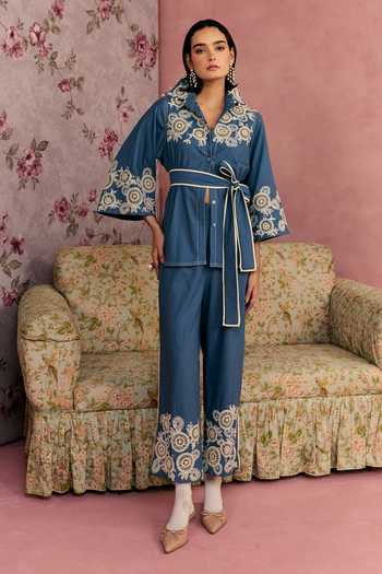 Buy_Surabhi Arya_Blue Cotton, Twill Collared Neck Bloom Embroidered Shirt And Pant Set _Online_at_Aza_Fashions