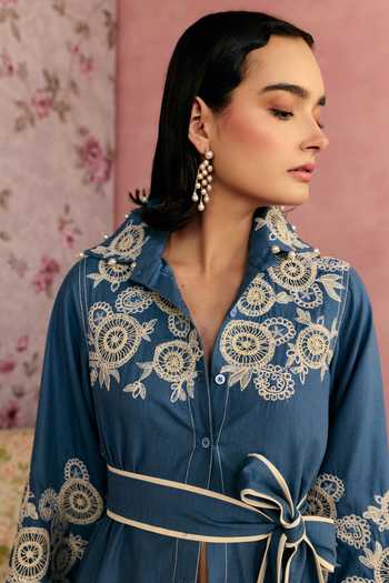 Shop_Surabhi Arya_Blue Cotton, Twill Collared Neck Bloom Embroidered Shirt And Pant Set _Online_at_Aza_Fashions