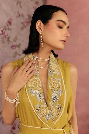 Buy_Surabhi Arya_Yellow Cotton V-neck Floral Applique Top With Pant _Online_at_Aza_Fashions