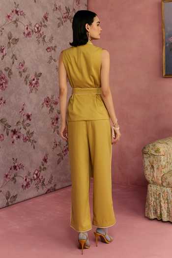 Shop_Surabhi Arya_Yellow Cotton V-neck Floral Applique Top With Pant _at_Aza_Fashions