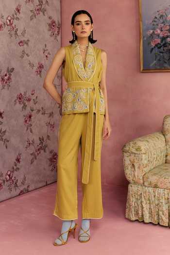 Buy_Surabhi Arya_Yellow Cotton V-neck Floral Applique Top With Pant _at_Aza_Fashions