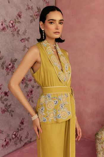 Shop_Surabhi Arya_Yellow Cotton V-neck Floral Applique Top With Pant _Online_at_Aza_Fashions
