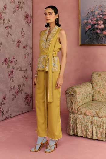 Shop_Surabhi Arya_Yellow Cotton V-neck Floral Applique Top With Pant 