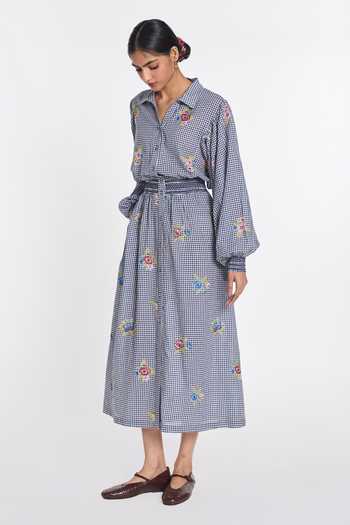 Buy_Payal Pratap_Blue Handloom Cotton Collared Neck Delphinium Embroidered Dress _Online_at_Aza_Fashions