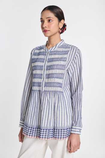 Buy_Payal Pratap_Blue Handloom Cotton Mandarin Collar Zinnia Flared Top _at_Aza_Fashions