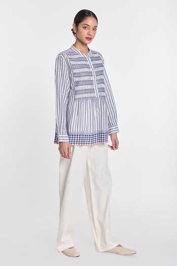 Payal Pratap_Blue Handloom Cotton Mandarin Collar Zinnia Flared Top _Online_at_Aza_Fashions