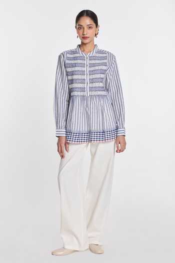 Buy_Payal Pratap_Blue Handloom Cotton Mandarin Collar Zinnia Flared Top _Online_at_Aza_Fashions