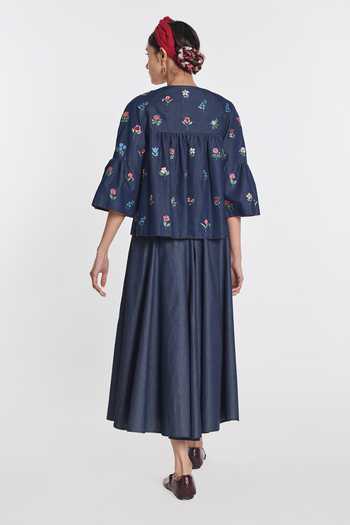 Shop_Payal Pratap_Blue Denim Round Neck Gerbera Peplum Jacket _at_Aza_Fashions