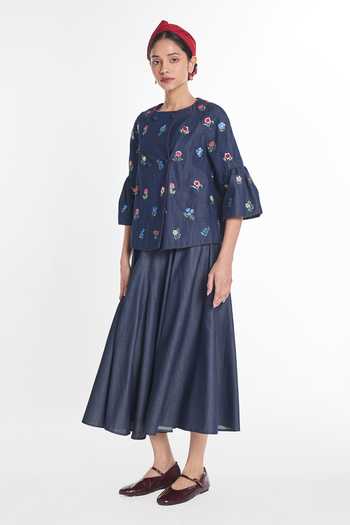 Payal Pratap_Blue Denim Round Neck Gerbera Peplum Jacket _Online_at_Aza_Fashions