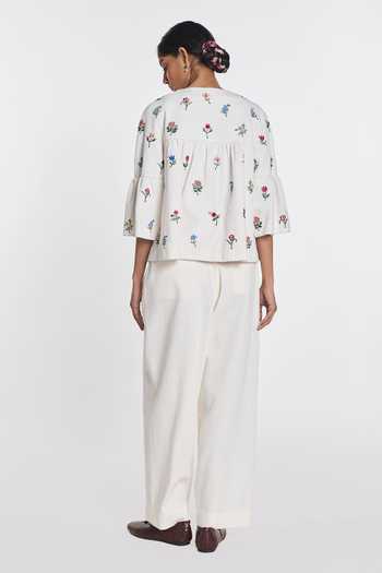 Shop_Payal Pratap_Ivory Denim Round Neck Gerbera Peplum Jacket _at_Aza_Fashions