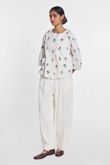 Payal Pratap_Ivory Denim Round Neck Gerbera Peplum Jacket _Online_at_Aza_Fashions