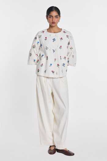 Buy_Payal Pratap_Ivory Denim Round Neck Gerbera Peplum Jacket _Online_at_Aza_Fashions