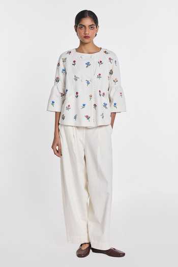 Shop_Payal Pratap_Ivory Denim Round Neck Gerbera Peplum Jacket _Online_at_Aza_Fashions