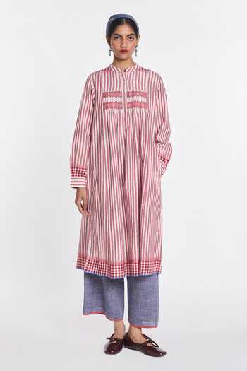 Buy_Payal Pratap_Pink Handloom Cotton Mandarin Collar Nicotiana Striped Tunic _at_Aza_Fashions