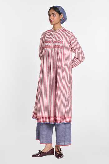 Payal Pratap_Pink Handloom Cotton Mandarin Collar Nicotiana Striped Tunic _Online_at_Aza_Fashions